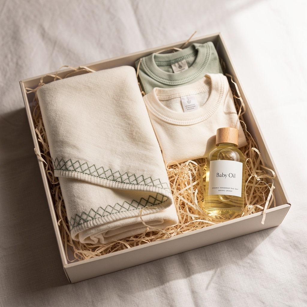 Baby arrival gift box with hand-embroidered cotton blanket, organic cotton items and natural baby care products on a soft white surface