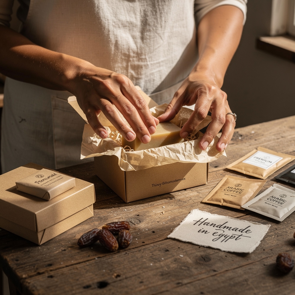 Close-up of artisan hands carefully arranging handmade products inside a kraft paper gift box on a wooden workshop table
