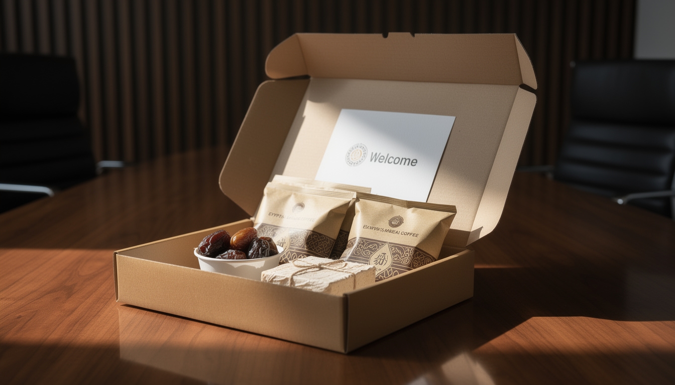 Corporate conference welcome box with Egyptian coffee sachets, Siwa dates, and handmade soap wrapped in kraft paper