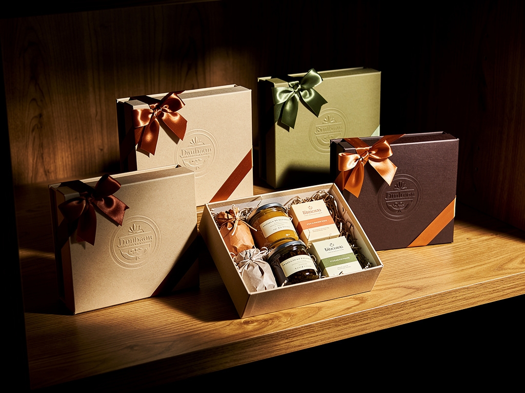 Row of gift boxes with embossed corporate logos and custom ribbon in warm earth tones arranged on a polished wooden surface