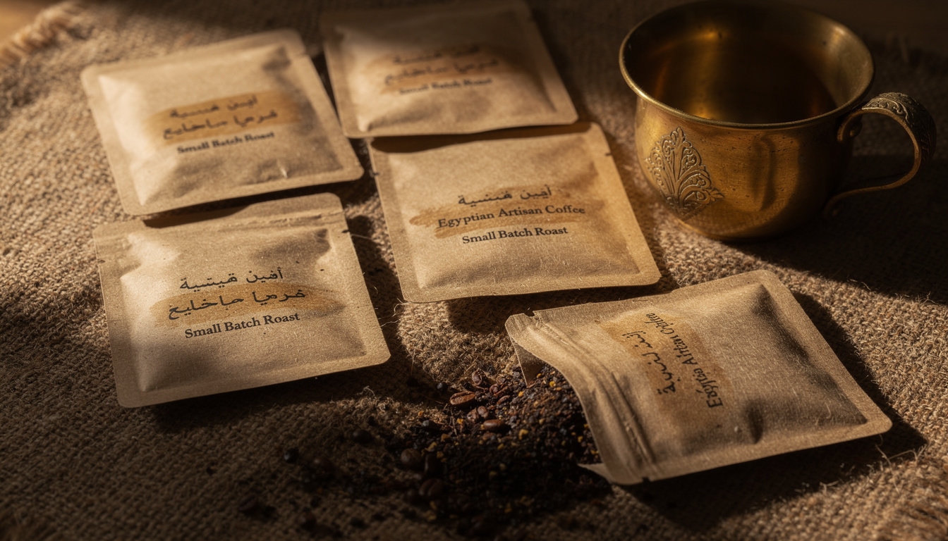 Small-batch Egyptian coffee sachets in kraft paper packaging with hand-stamped labels on a burlap cloth background