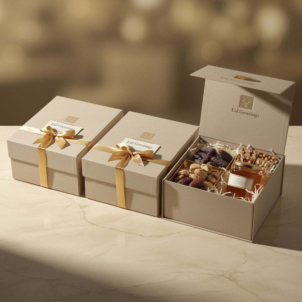 Eid corporate gift box with custom embossed branding, premium Egyptian products and elegant ribbon on a gold and cream surface
