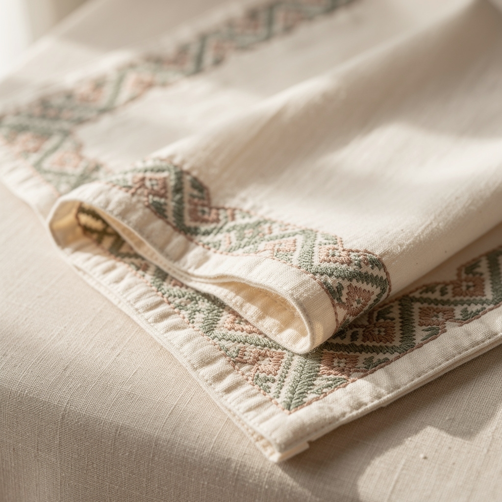 Folded hand-embroidered baby blanket in organic cotton with traditional Egyptian geometric border patterns in soft cream and sage tones