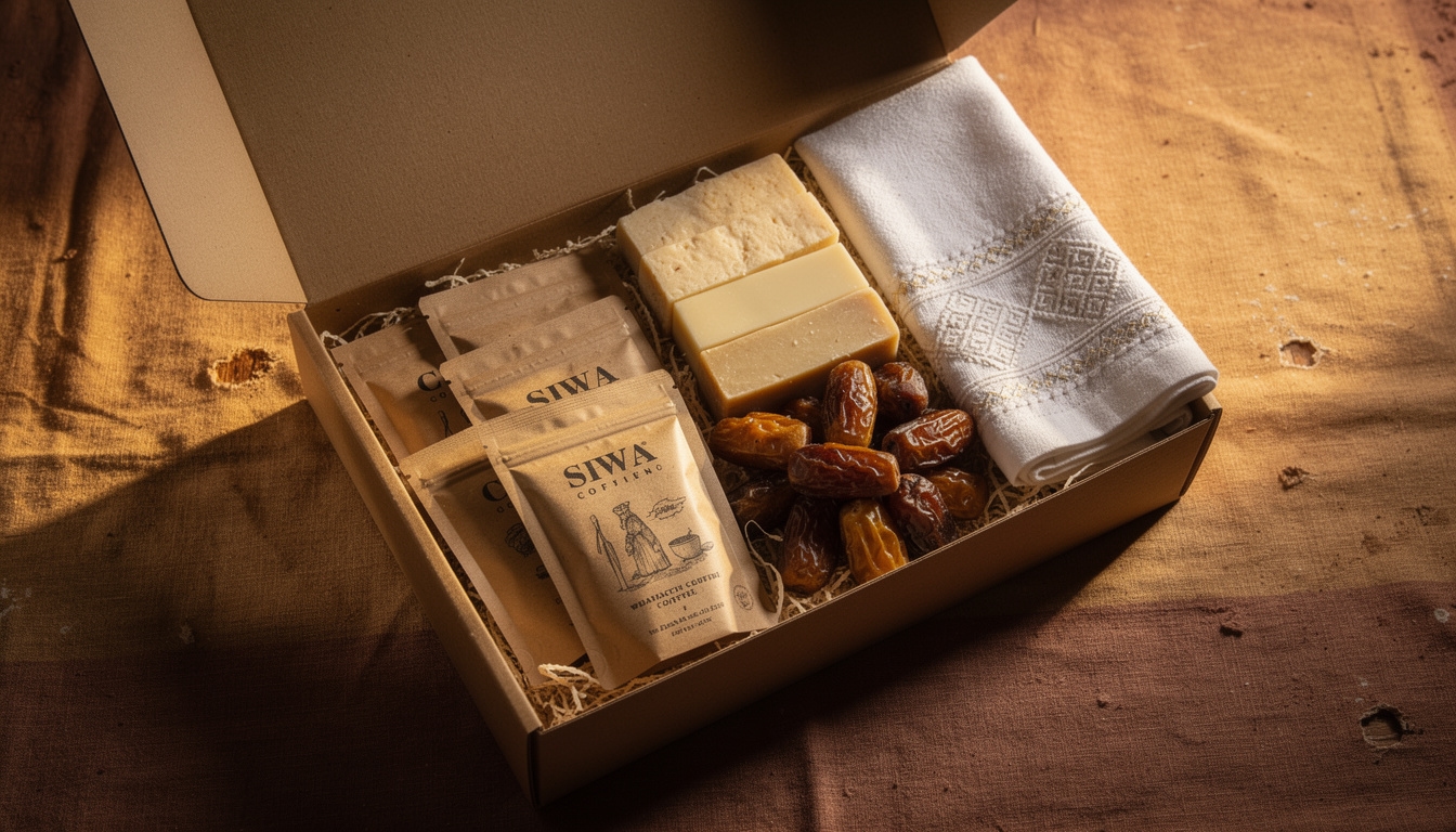 Curated Egyptian gift box with coffee, dates, handmade soap and artisan items spread across a warm linen surface