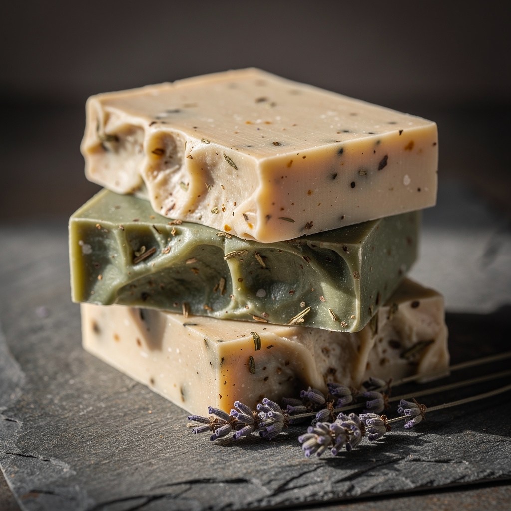 Stack of cold-pressed artisan soap bars in natural cream and green tones with herb inclusions on a rough stone surface