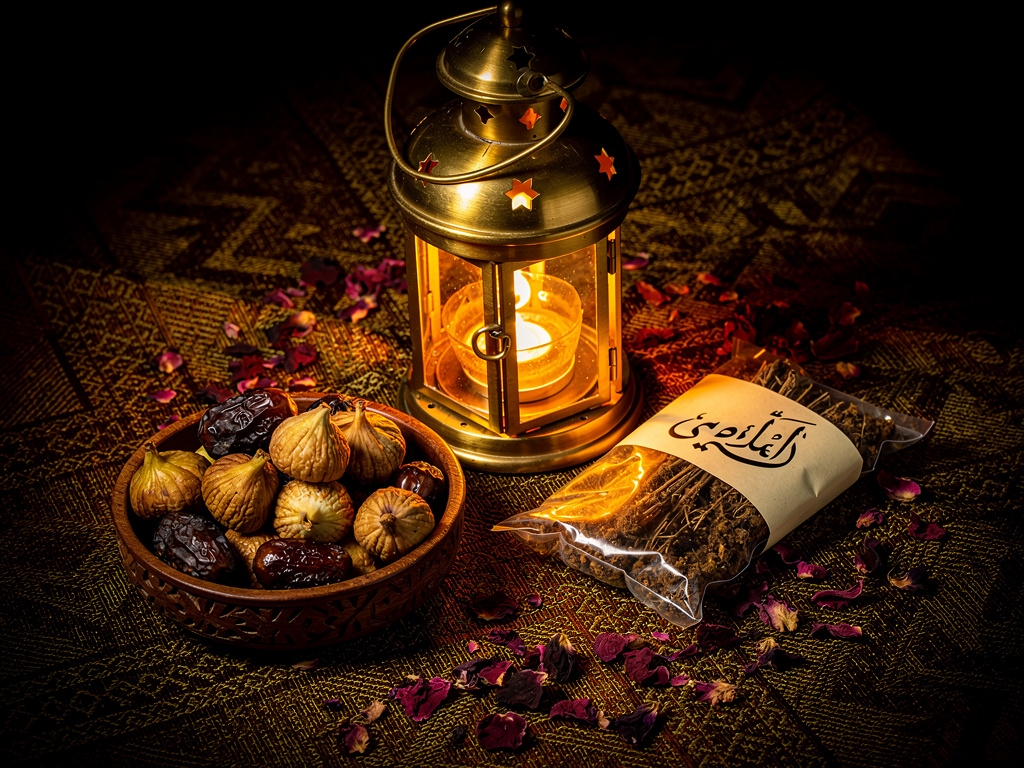 Ramadan gift set with brass lantern, assorted dried fruits, oud incense and decorative packaging on a dark amber background