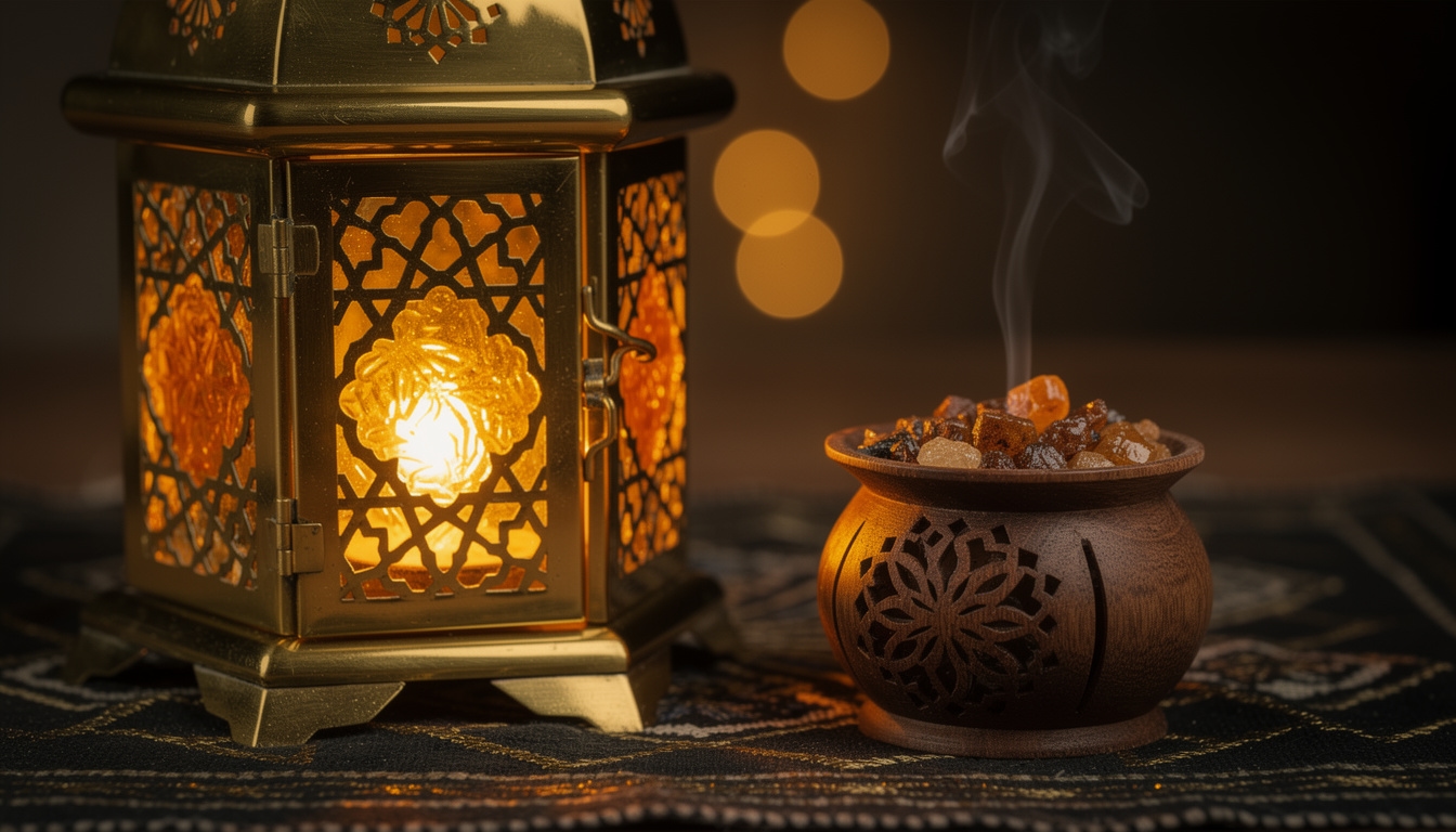 Brass Ramadan lantern glowing amber beside a wooden oud burner with resin on a dark woven textile background with soft bokeh lighting