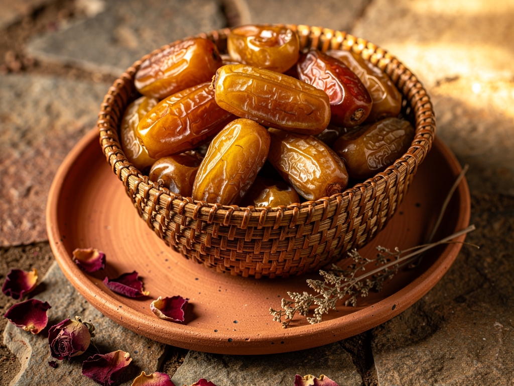 Premium Siwa dates arranged in a handwoven basket with dried rose petals on a warm terracotta ceramic plate